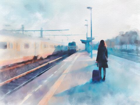 Illustration einer Frau mit Koffer am Bahnhof, wartend auf die Reise, Fernweh und Urlaubsgef&uuml;hl mit Erwartung und Aufbruchsstimmung