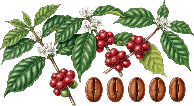 Vintage coffee plant botanical illustration, coffee branch with red berries and white flowers, roasted coffee beans vector set for cafe branding