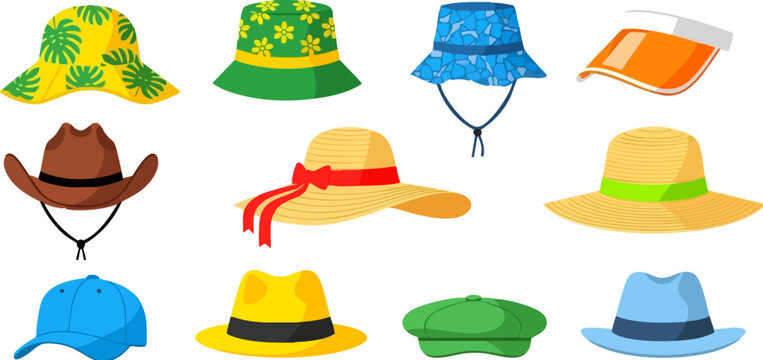 Summer hat collection with 11 vector icons, colorful sun hats and beach headwear set, fashion accessories for vacation and outdoor travel
