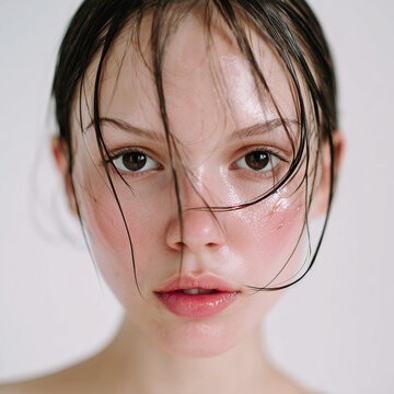 Beauty-Portr&auml;t einer Frau mit nassem Look, gl&auml;nzende Haut und ausdrucksstarke Augen, modernes Kosmetik- und Fashion-Motiv und nassen haaren frisur wet look wetlook