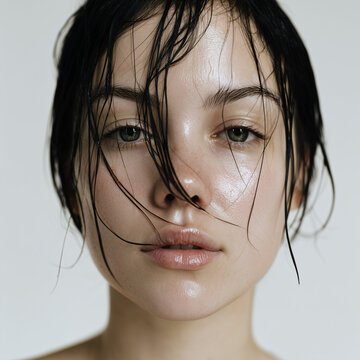 Beauty-Portr&auml;t einer Frau mit nassem Look, gl&auml;nzende Haut und ausdrucksstarke Augen, modernes Kosmetik- und Fashion-Motiv und nassen haaren frisur wet look wetlook