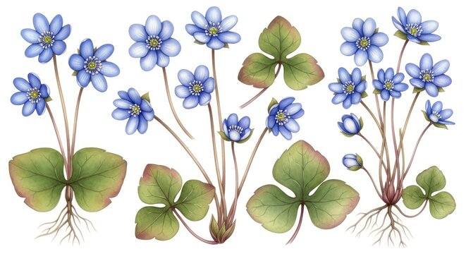 Elegant Botanical Watercolor Study of Blue Hepatica Nobilis Flowers