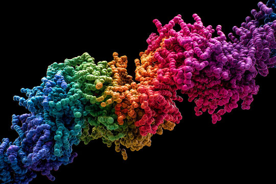 3D Human Protein Molecule Folding Showing Alpha Helix Beta Sheet and Color-Coded Amino Acid Chain in Spectral Tones on Dark Background, Biochemistry Drug Discovery Science Stock Image