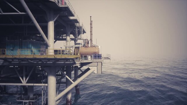 An oil rig platform is prominently situated over the vast ocean, with metal structures and equipment visible above the waterline. The calm waves reflect the light on a clear day.