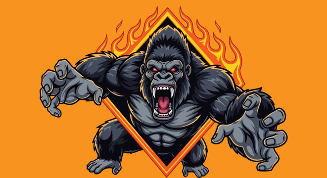 Aggressive gorilla mascot vector, fierce silverback ape with fire flames, angry primate esport logo on orange background, powerful jungle animal illustration