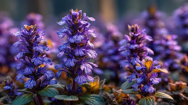 Close Up Artistic Blooming Bugleweed Flowers in Spring Garden