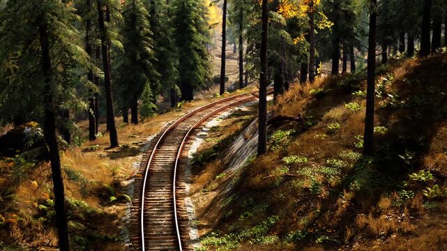 Tracks meander through a tranquil forest setting during autumn, with vibrant foliage and sunlight filtering through tall trees. A peaceful escape in natures beauty.
