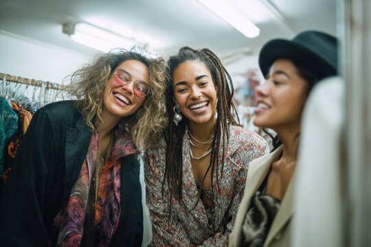 Friends in a thrift store dressing up in outrageous outfits,