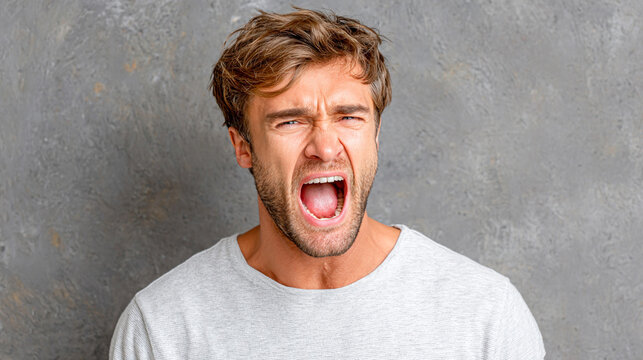 Man with intense anger and frustration shouting with mouth wide open