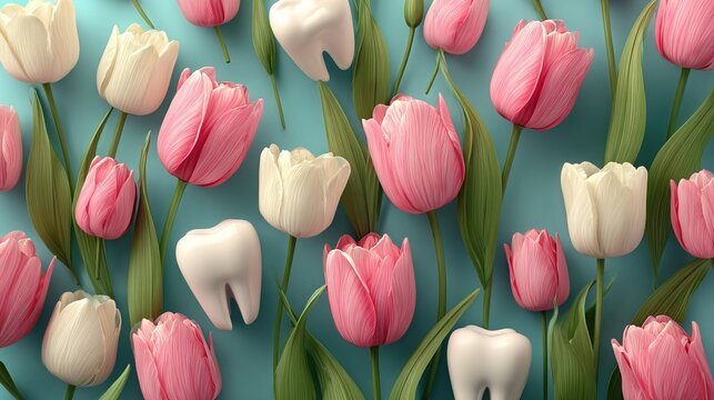 Modern Aesthetic Tooth and Pink Tulip Flower Arrangement Dental Concept