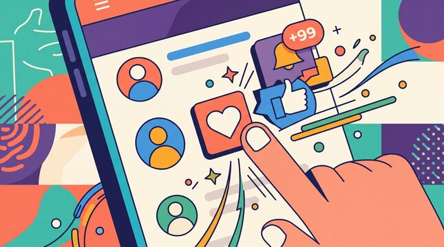 Finger touching a mobile phone screen showing social media interface icons