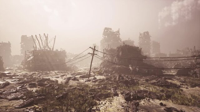 muddy wasteland leading toward crumbling skyline, scattered power pole and sagging wires, broad horizon and muted sky, drone survey vibe with distant wreckage