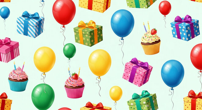 Festive pattern of colorful birthday gifts, cupcakes, and balloons