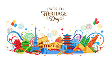 Obraz premium A vibrant vector illustration celebrates World Heritage Day with iconic monuments like the Eiffel Tower and Colosseum, set against a clean white background with colorful swirls