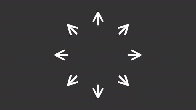Animated expanding arrows white line icon. Motion in different directions animation. Exploring world. Ambitions and growth visualization. Isolated element on dark background. Alpha transparent video