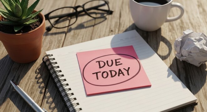 Due Today handwritten note on pink sticky paper, deadline reminder on office desk with coffee and glasses, time management and productivity concept