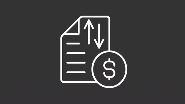 Animated cash flow statement white line icon. Financial report summarizing finances amount animation. Earnings and payments control. Isolated element on dark background. Alpha transparent video