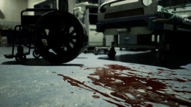 Bloody hospital floor beside wheelchair, forensic team processing scene, dark emergency ward, gurney and medical equipment in background, harsh fluorescent