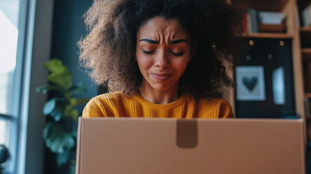 black woman crying while looking at a paper box