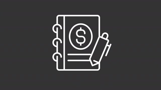 Animated journal entries white line icon. Accounting reports animation. Initial chronological record of financial transaction. Isolated element on dark background. Alpha transparent video