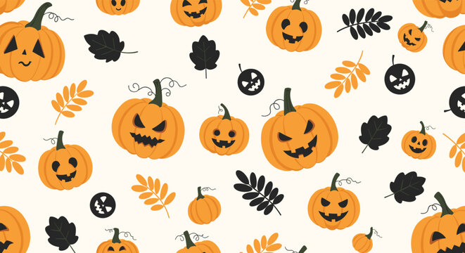 Spooky seamless Halloween pattern with carved orange pumpkins showing various scary expressions and black leaves on a light cream background.