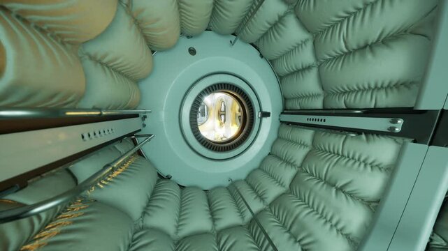 Observation port inside space station module, cylindrical quilted walls, instrument mounts, sensor arrays, tethered experiments, ambient greenish lighting