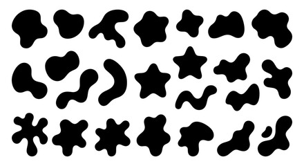 Fototapeta premium Organic abstract blob shapes collection, 21 black liquid silhouette elements, irregular fluid amoeba forms for modern graphic design and branding