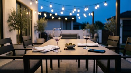 Obraz premium Romantic outdoor dinner table set with wine and snacks under evening string lights.