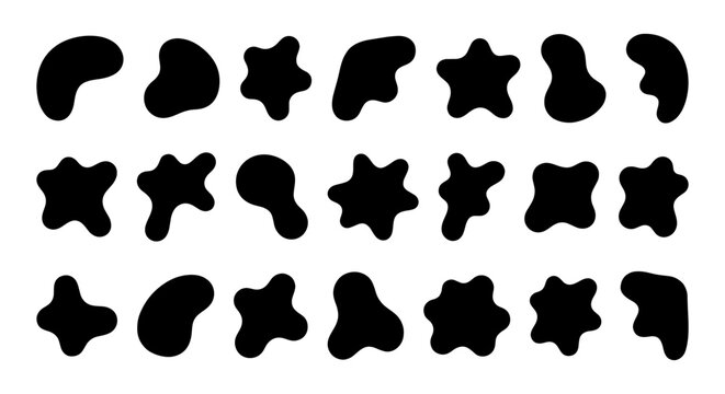 Abstract organic blob shapes, 21 black liquid silhouette elements, irregular wavy fluid forms for modern graphic design and branding layouts