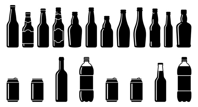 Black bottle silhouettes and drink cans collection, 18 beverage container icons, minimalist glass bottle and aluminum can vector set for packaging design