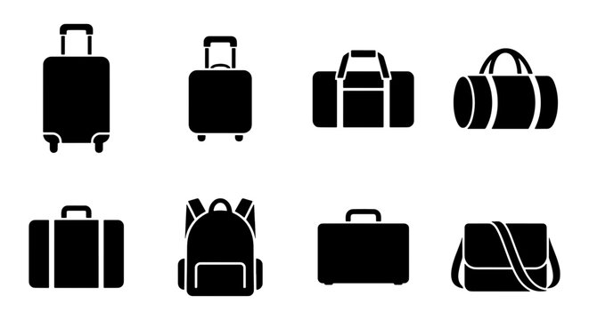 Travel luggage icon set, black solid vector baggage symbols, 8 travel bag elements including suitcase, backpack, and duffel for tourism design