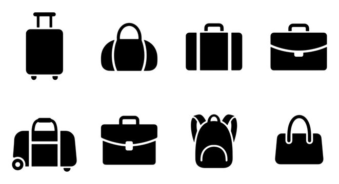 Minimalist luggage icon set, black travel bag silhouettes, collection of 8 baggage and suitcase vector symbols for tourism and business trips