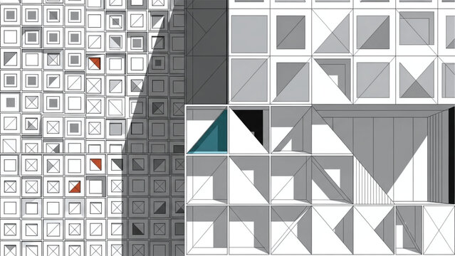 Geometric pattern with various gray squares and triangles on a white background.