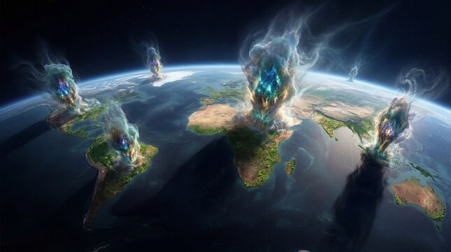 A digital illustration of Earth featuring glowing blue crystal structures emerging from continents.