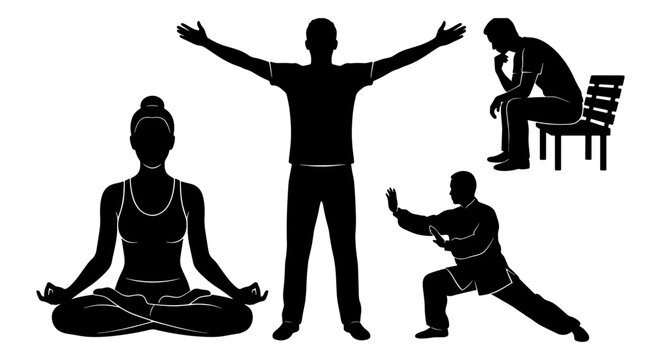 Black silhouette people collection, meditation and yoga poses, man practicing tai chi and qigong, person sitting on bench thinking, vector set