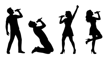 Fototapeta premium Singing silhouette vector set, male and female vocalists with microphones, performers in dynamic poses, black music artist silhouettes on white background