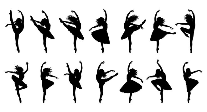Graceful ballerina silhouettes set, 14 ballet dancer vector elements in various poses, elegant female performers in tutus for theater and dance school