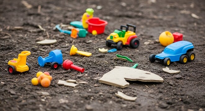 A collection of colorful children's toys scattered on the ground in a playful outdoor setting