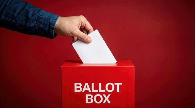 Hand inserting blank white paper into red ballot box with white text on a red background voting election