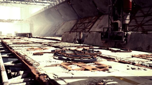 Industrial concrete casting line with molds on long conveyor belts inside sunlit warehouse, precast slabs curing under overhead crane, scattered tools
