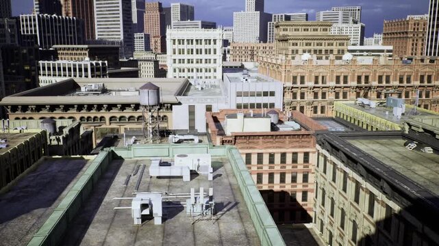 Daytime rooftop overview with scattered vents, small figures and rooftop equipment, clear light reveals textures of concrete, parapet lines and surrounding