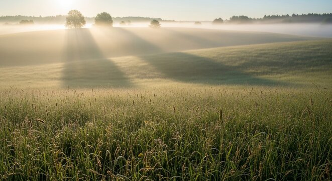 Misty morning landscape sunlight fields