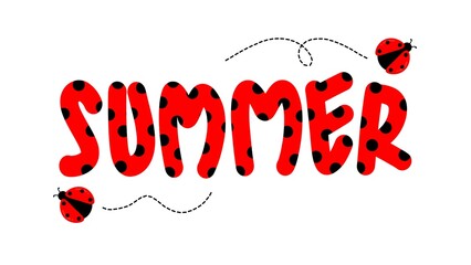 Summer text in red with black polkadot. Summer lettering with ladybug motif for fun seasonal designs and kids themes © Stock Arza