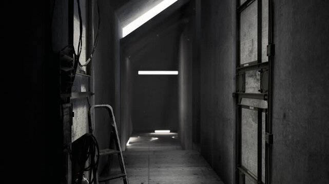 Minimalist concrete corridor with slanted skylight beams, ladder against wall, stark geometric shadows and clean lines, calm industrial aesthetic