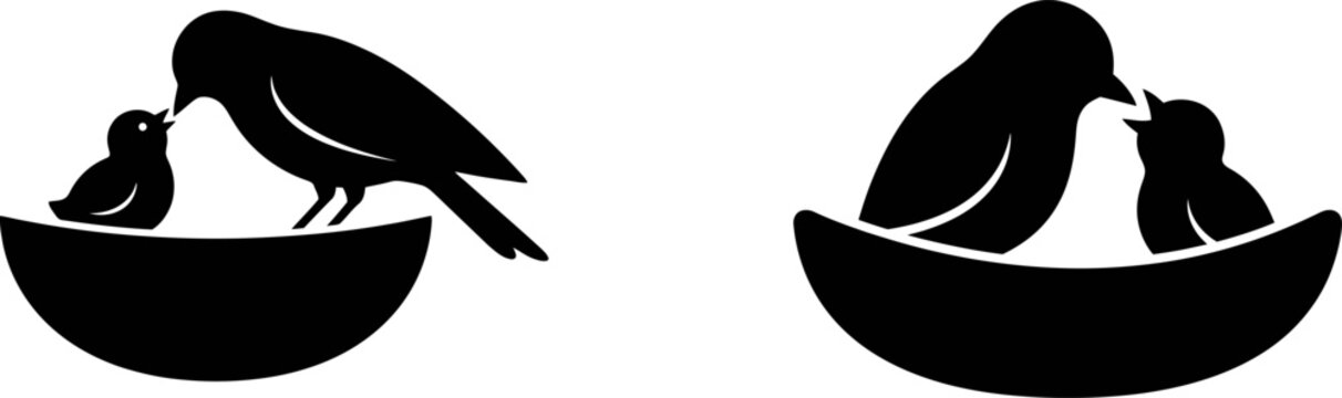 A pair of black silhouettes showing parent birds feeding their hungry chicks inside a nest