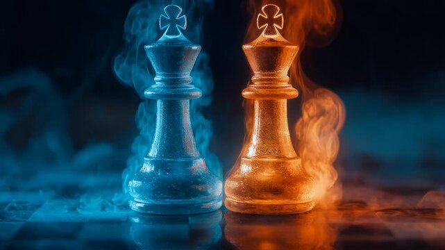Two chess kings clashing on a board surrounded by blue and orange smoke