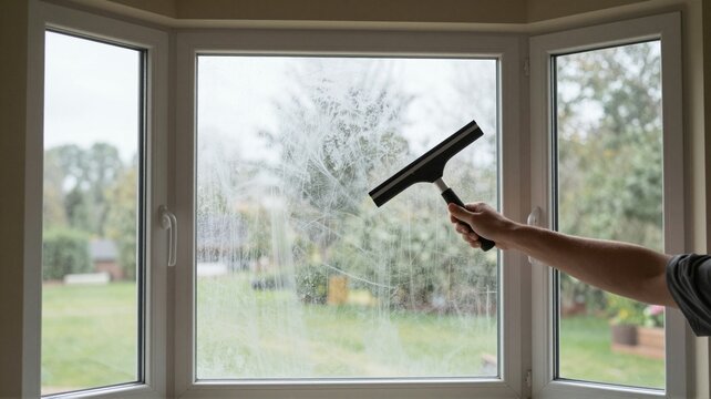Person cleaning dirty window with squeegee indoors