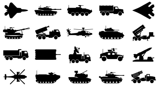 Military vehicle silhouettes set, 20 army transport icons including tanks and jets, black war machine vector collection for tactical design