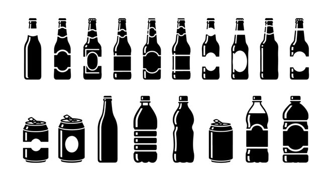 Black beverage bottle icons and soda can silhouettes, 17 drink container vector elements, minimalist liquid packaging set for menu design