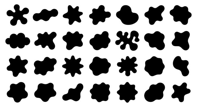 Organic liquid blob silhouettes, set of 28 abstract amoeba shapes, black ink splat vector elements, irregular fluid drop icons for graphic design